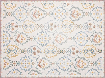 Phantoscope Washable Area Rug 9'x12' Non-Slip, Vintage Floral Boho Rugs for Living Room, Bedroom, DiningRoom, Soft Botanical Moroccan Pattern, Low-Pile Foldable Floor Carpet, Ivory Pink/Boho Garden