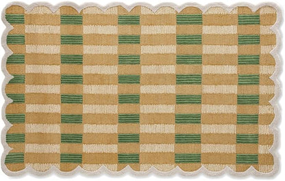 Hand-Tufted Wool Area Rug with Scalloped Edges, Beige and Green Plaid Pattern, Cozy and Soft Accent Rug for Living Room, Bedroom, and Nursery, Handmade Decorative Rug, 1x1 Ft (Sample)