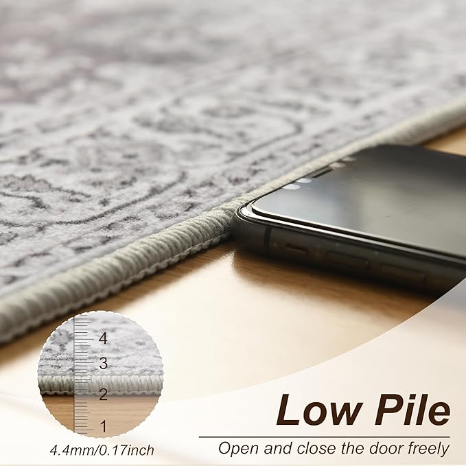 XWZO Entryway Area Rug 2x3ft — Soft Vintage Low Pile Non-Slip Backing Door Floor Mat for Bedroom Bathroom Kitchen Laundry, Spill Resistant Washable Small Indoor Carpet for Doorway & Entrance, Grey