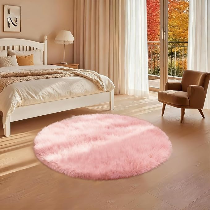 4x4 Round Solid Fluffy Pink Area Rug – Washable, Durable, Circle Bedroom Rug, Non-Slip High Pile Shag Rugs for Living Room, Bedside, Dorms, Grils Rooms, Kids Room, Soft Indoor Floor Carpet