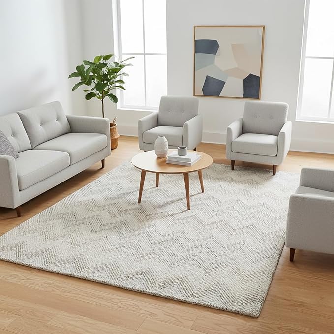 Modern Herringbone Chevron Collection Handcrafted Wool Area Rug - Durable, Zigzag Pattern, for High Traffic, Contemporary Design for Living Room, Bedroom, Dining Room Decor (Ivory-Multi, 5' round)
