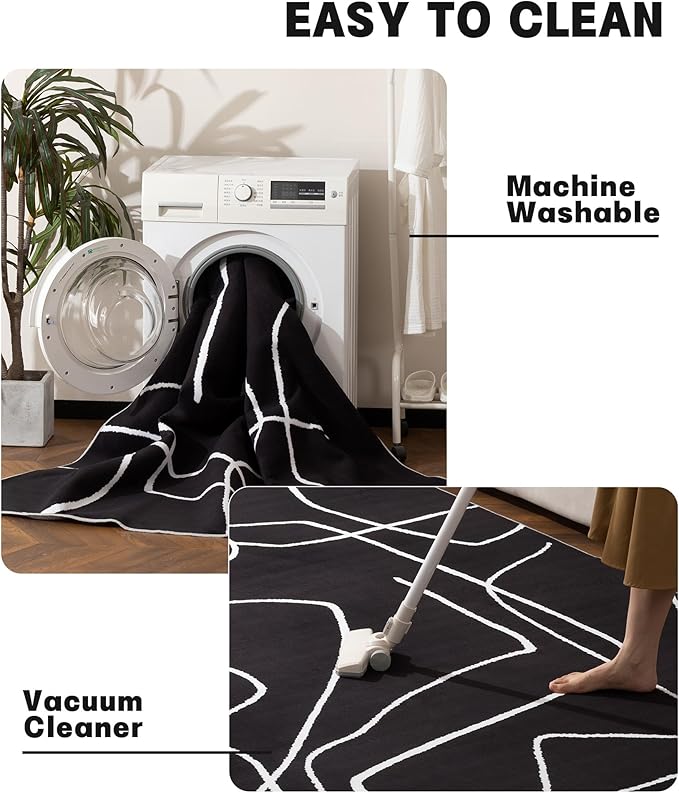 YIHOUSE Modern Washable Area Rug for Living Room Bedroom - Large Abstract Black and White Rug Non-Slip Ultra-Thin Home Decor (Dark Abstract, 5'x7'ft)