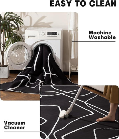 YIHOUSE Modern Washable Area Rug for Living Room Bedroom - Large Abstract Black and White Rug Non-Slip Ultra-Thin Home Decor (Dark Abstract, 8'x10'ft)