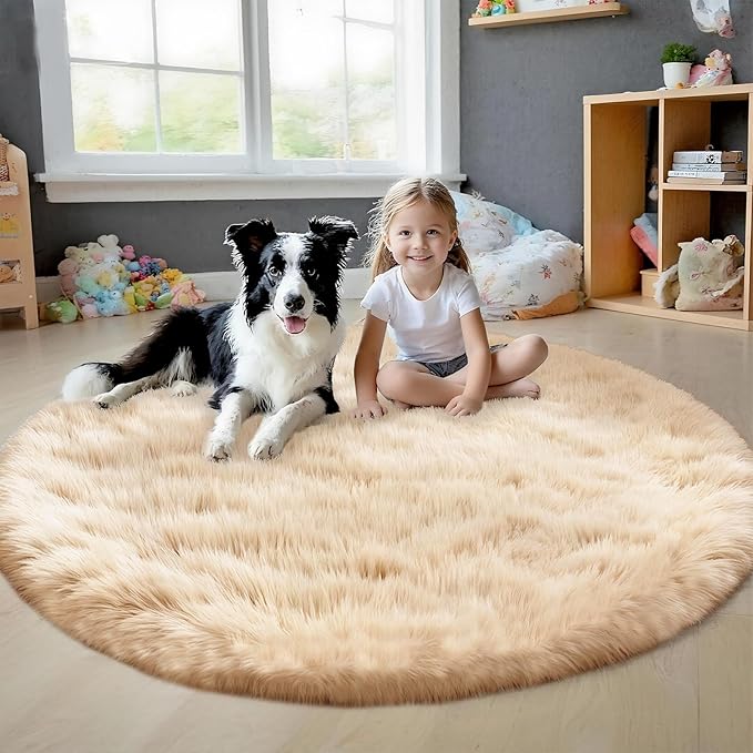 4x4 Round Solid Fluffy Camel Area Rug – Washable, Durable, Circle Bedroom Rug, Non-Slip High Pile Shag Rugs for Living Room, Bedside, Dorms, Nursery Rooms, Kids Room, Soft Indoor Floor Carpet