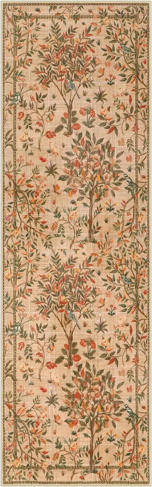 Morebes Boho Kitchen Runner 8 ft, Floral Halway Runner Rugs Non Silp Washable, Soft Low-Pile Flower Botanical Indoor Floor Throw Carpet for Entryway Bedside Bathroom, Brown