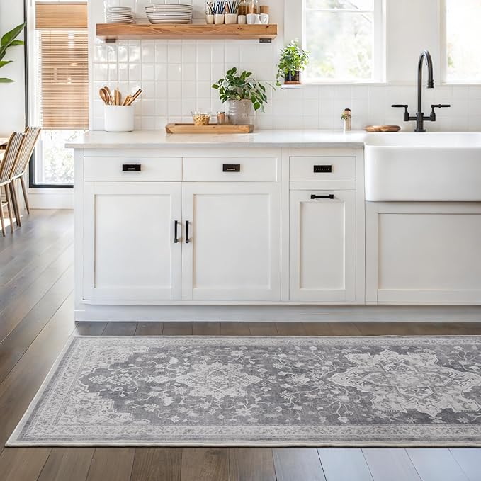 Marsail 2′6″x8′ Washable Area Rug, Soft & Slip-Resistant Hallway Rug with Reinforced Bound Edges, Vintage Short-Pile Washable Rug with Floral Pattern for Entryway and Kitchen, Grey