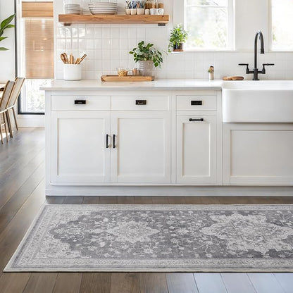 Marsail 2′6″x8′ Washable Area Rug, Soft & Slip-Resistant Hallway Rug with Reinforced Bound Edges, Vintage Short-Pile Washable Rug with Floral Pattern for Entryway and Kitchen, Grey