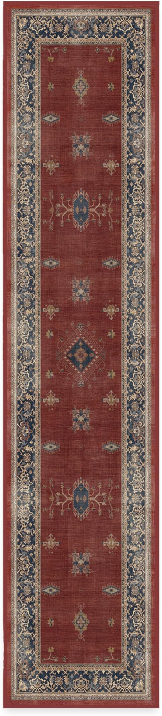 RUGGABLE Washable Vintage Runner Rug – Verena Amber Red 2.5x12, Stain-Resistant, Non-Slip Hallway Runner – Machine Washable Rug for Hallway, Entryway, Living Room & Kitchen–with Standard Pad