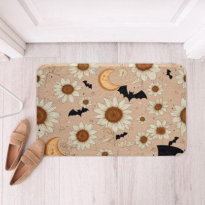 Groovy Daisy Bathroom Rugs for Girls Women Retro Flower Floral Bath Mat Moon and Stars Non Slip Bath Rugs Psychedelic Outer Space Planets Fluffy Plush Rugs 20x32 Halloween Bats Shower Carpet