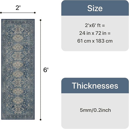 Bavni Washable Runner Rug 2x6, Non Slip Hallway Rug, Vintage Aesthetic Thin Low Pile Washable Carpet for Kitchen Bedroom Entryway, Blue