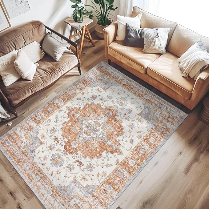 jinchan Area Rug 5x7 Vintage Washable Bedroom Rug Floral Medallion Lightweight Non Slip Thin Retro Classic Soft Boho Floor Cover Farmhouse Carpet for Living Room Dining Room Kitchen Brick Red