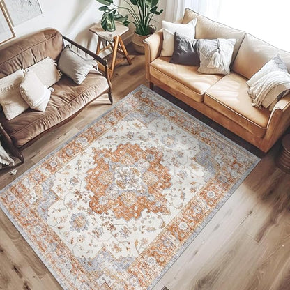 JINCHAN Area Rug 3x5 Vintage Washable Entryway Rug Floral Medallion Floor Cover Lightweight Non Slip Thin Retro Classic Soft Boho Farmhouse Carpet for Living Room Bedroom Dining Room Kitchen Brick Red