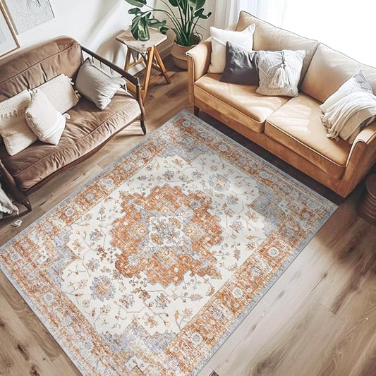 JINCHAN Area Rug 3x5 Vintage Washable Entryway Rug Floral Medallion Floor Cover Lightweight Non Slip Thin Retro Classic Soft Boho Farmhouse Carpet for Living Room Bedroom Dining Room Kitchen Brick Red