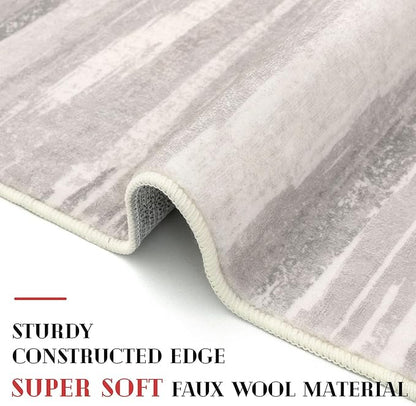 Modern Abstract Runner Rug 2x5, Neutral Light Beige and Grey Washable Entryway Kitchen Non-Slip Soft Hallway Runner Thin Print Faux Wool Carpet for Bedroom Laundry Room Indoor