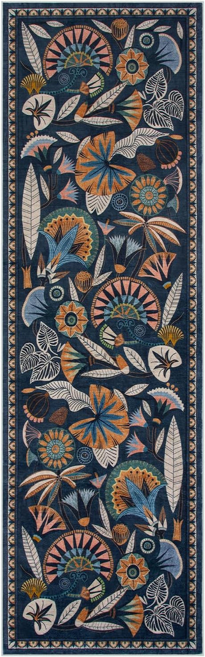 Egypt Floral Kitchen Runner Rugs Non Skid Washable,2x8 Boho Vintage Hallway Bathroom Runner Rug Non Slip,Soft Long Carpet for Laundry Room Entryway Bedroom (Dark Blue,2 x 8)