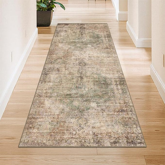 Farmhouse Washable Hallway Runner Rug, 2x6 Green and Brown Rugs for Kitchen Floor Waterproof, Bathroom, Entrance Indoor, Bedroom, Non Skid & Stain Resistant Carpet