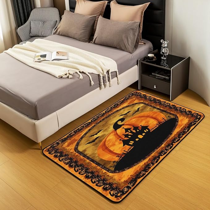 Halloween Pumpkin 3 x 5 Area Rug Spooky Haunted House Rugs for Living Room | Vintage Gothic Washable Rug, Castle Silhouette Carpet Indoor Floor Mat,Bats Halloween Decoration
