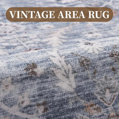 MontVoo-Vintage Area Rugs 8X10 Blue Rugs for Living Room-Soft Distressed Printed Rugs for Bedroom-Non Slip Carpet-Machine Washable Rug for Dining Room Living Room Bedside Office