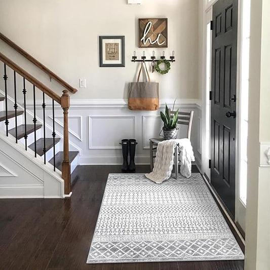 Boho Rug for Bedroom, 3x5 Moroccan Vintage Non-Slip Backing Faux Wool Area Rug, Machine Washable Low-Pile Front Door Mat Kitchen Rugs for Living Room Laundry Dinning Room