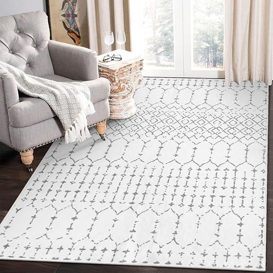 Lahome Moroccan Living Room Area Rug - Washable Rugs 4x6 Non-Slip Soft Throw Rugs for Bedroom White Lightweight Large Rug, Modern Geometric Print Low-Pile Capet for Classroom Office Dining Room(White)