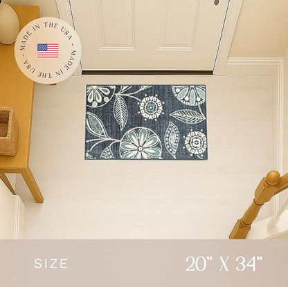 Maples Rugs Reggie Floral Kitchen Rug - Made in USA - Washable, Non Slip Indoor Carpet for Entryway, Foyer, Kitchen, and Bathroom, 1'8 x 2'10, Persian Blue