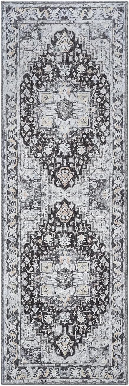 Runner Rug 2×6, Machine Washable Vintage Non-Slip Area Rug, Low Pile, Decorative Carpet Printed Floral Rugs for Living Room, Entryway, Kitchen, Bedroom, Black