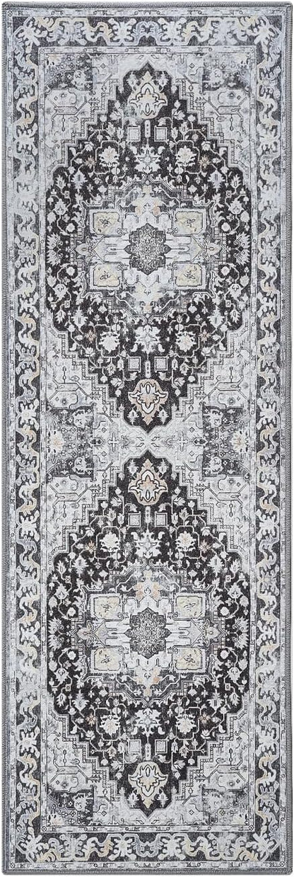 Runner Rug 2×6, Machine Washable Vintage Non-Slip Area Rug, Low Pile, Decorative Carpet Printed Floral Rugs for Living Room, Entryway, Kitchen, Bedroom, Black