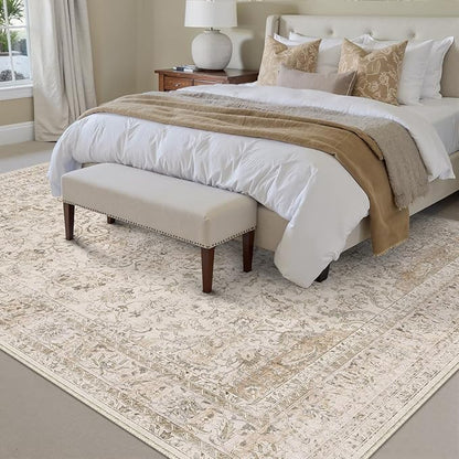 12x15 Beige Area Rug Vintage Living Room Bedroom Washable Carpet Non-Slip Soft Low Pile Distressed Indoor Large Throw Rug for Dining Room Office