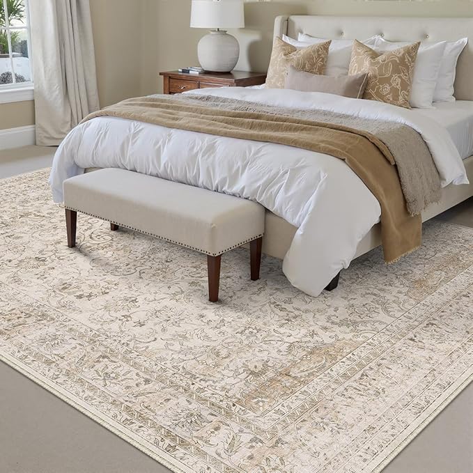 6x9 Washable Beige Area Rug Vintage Living Room Bedroom Carpet Non-Slip Soft Low Pile Distressed Indoor Throw Rug for Dining Room Entryway Office