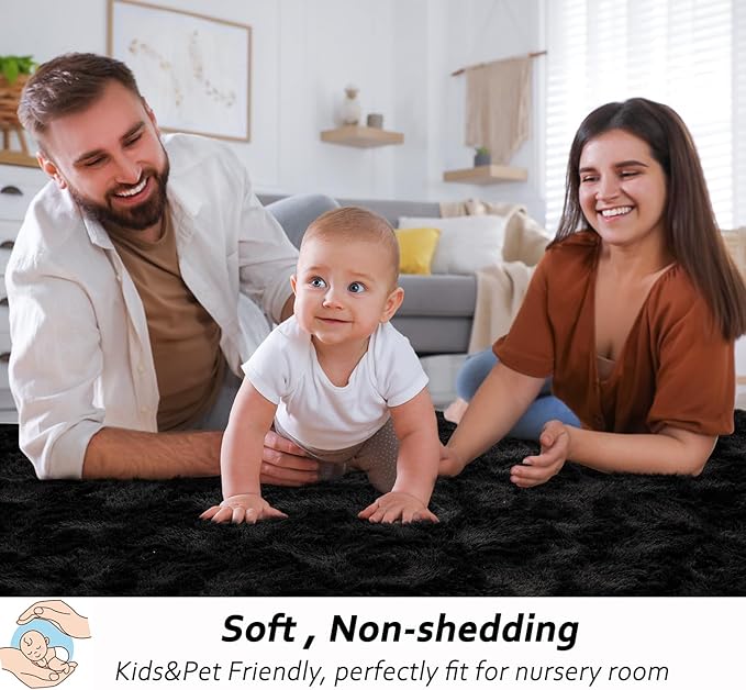 Beglad Fluffy Area Rugs 4x6 Feet, Modern Minimalist Style Shag Rugs, Non-Slip Indoor Carpet Soft Rugs for Bedroom, Living Room & Kids Room, Black