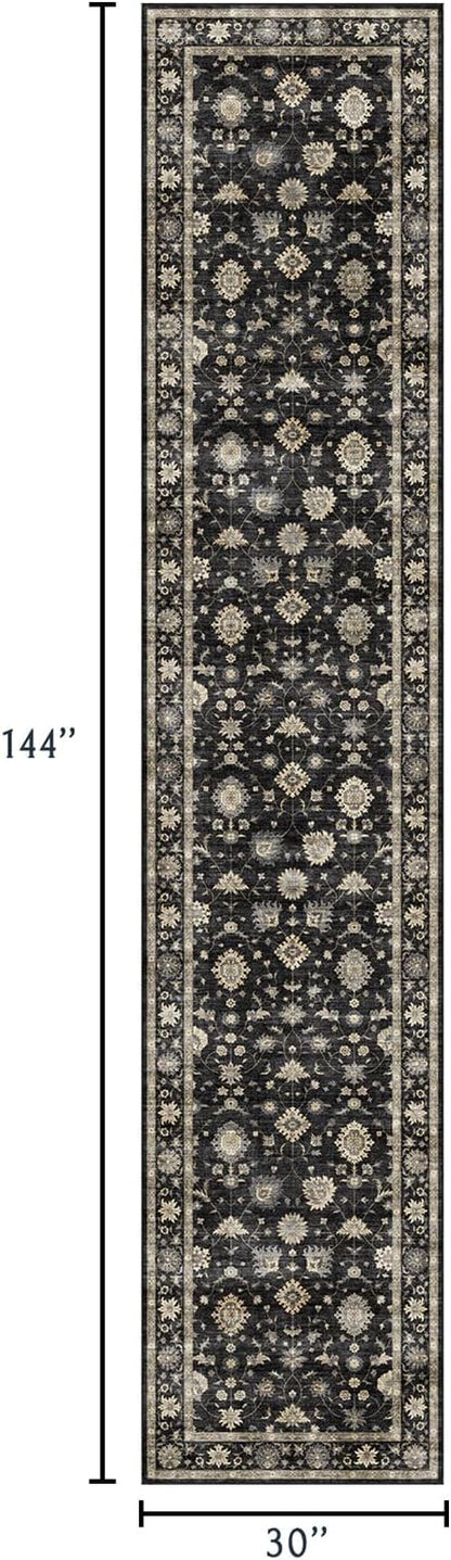 Washable Hallway Runner Rug 2.5x12ft - Long Non-Slip Charcoal Black Boho Runner Rug Low Pile Soft Vintage Farmhouse Moody Runners for Hallways Kitchen Living Room Indoor Entryway Bedroom