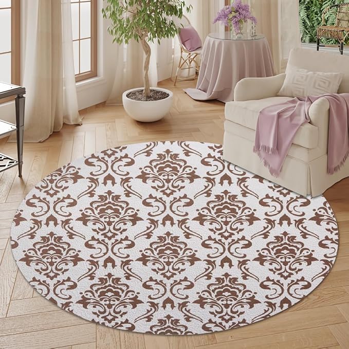 Oriental Tribal Floral Round Rug Vintage Brown Pattern Area Rug Washable Soft Non-Slip Floor Carpet Low Pile Accent Rugs for Entryway Living Room Dining Room Bedroom Home Office 6ft