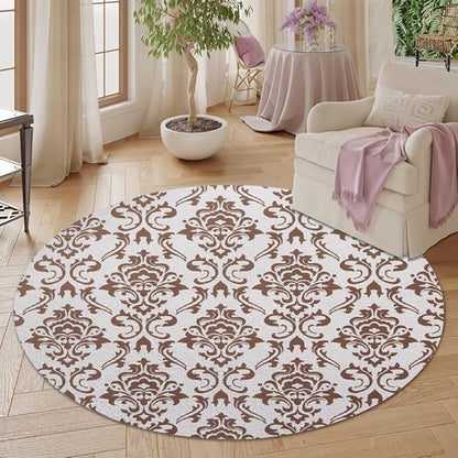 Oriental Tribal Floral Round Rug Vintage Brown Pattern Area Rug Washable Soft Non-Slip Floor Carpet Low Pile Accent Rugs for Entryway Living Room Dining Room Bedroom Home Office 6ft