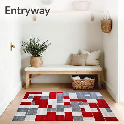 Flatwoven High Traffic Area Rug 4x6, Waterproof Patio with Anthracite Accents, Non Slip, Stain Resistant, Washable Area Rugs for Living Room, Bedroom (Red, 4x6)