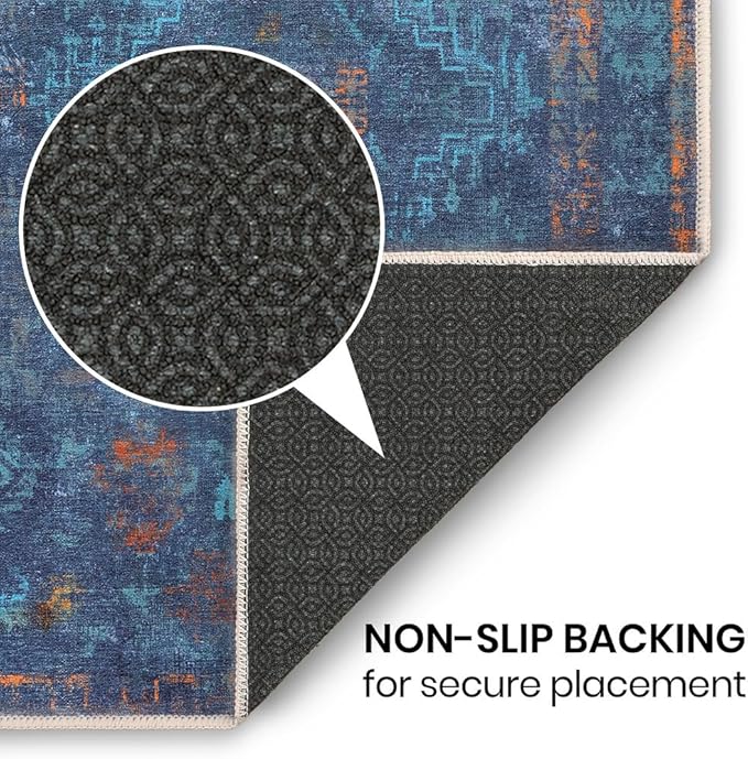 GLN Rugs Contemporary Collection - Machine Washable Area Rug, Contemporary Washable, Non Slip, Low Pile Chenille Rug, Living Room, Bedroom, Kitchen Rug (3' x 5' Midnight/Multi)