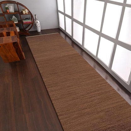 Rugsotic Carpets Hand Woven Flat Weave Kilim Wool ECO-Friendly Area Rugs - 2'6''x10', Runner Shape, Light Brown Color, Solid Plain Design, Low Pile Handmade Rugs for Living Room (D00111)