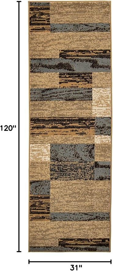 SUPERIOR Indoor Runner Rug, Jute Backed, Modern Geometric Patchwork Floor Decor for Bedroom, Office, Living Room, Entryway, Hardwood Floors, Rockwood Collection, 2' 7" x 10', Light Blue-Beige