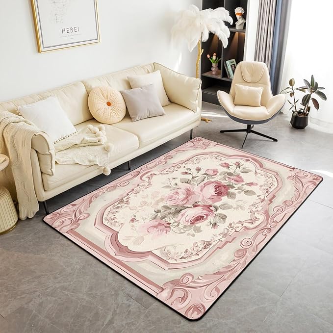 French Country Floral 3x5 Area Rug Pink Rose Rugs for Living Room | Romantic Flowers Washable Rug, Rustic Carpet Indoor Floor Mat