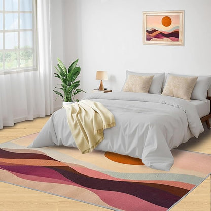 Boho Sun Area Rugs 5x6ft, Minimalist Line Rugs for Kids Bedroom, Geometric Solar Office Rug Low Pile are Not Stumbling Foot for Living Room End Table Nursery
