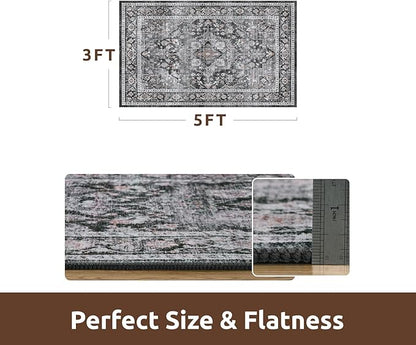 AMOAMI-3X5 Area Rug-Soft Washable Rugs for Living Room Bedroom -Non Slip Entryway Rug-Indoor Vintage Throw Rug Accent Rug for Living Room Laundry Room Kitchen Bathroom Bedside Dark Grey & Black