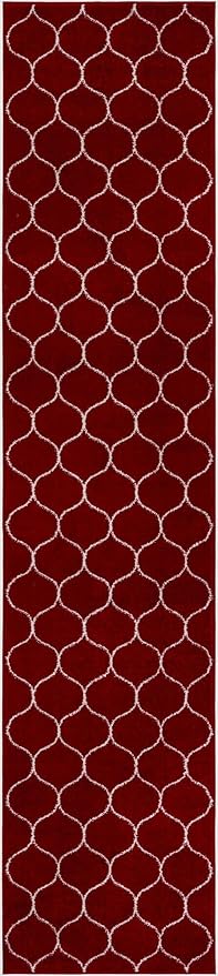 Rugs.com Lattice Frieze Collection Rug – 12 Ft Runner Red Medium-Pile Rug Perfect for Hallways, Entryways