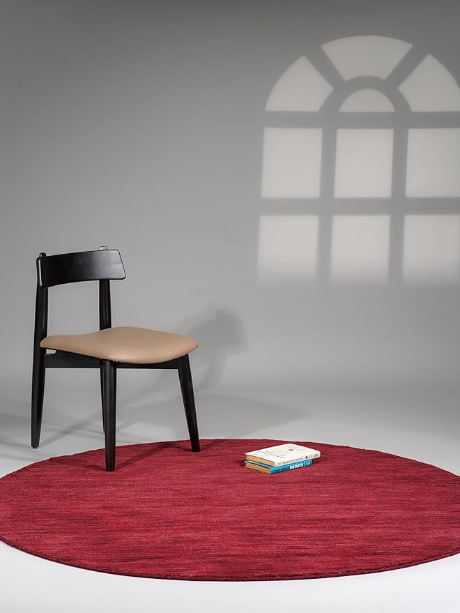 Hand Knotted Loom Wool ECO-Friendly Area Rugs - 6'x6', Round, Dark Red Color, Solid Plain Design, High Pile Thick Handmade Anti Skid Area Rugs for Living Room, Bed Room (L00111)
