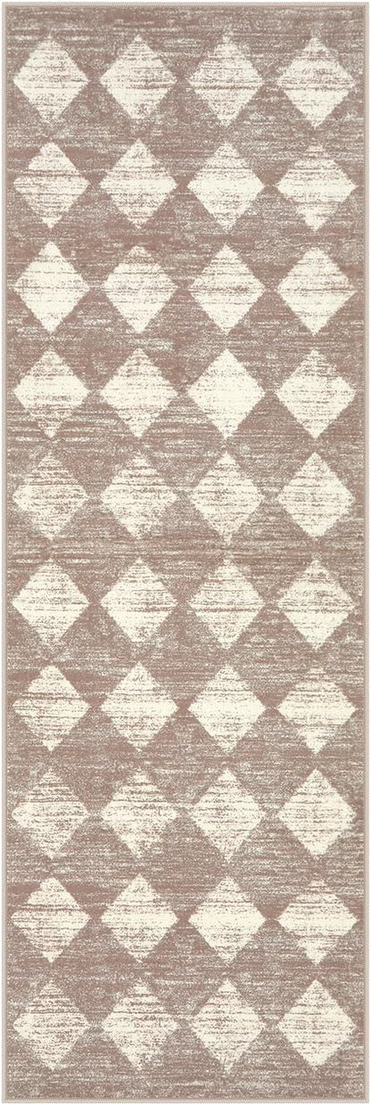 Lahome Moroccan Treills Runner Rug - 2x6 Beige Washable Rug Runner Carpet Runners for Hallway 6ft Non Skid, Checkered Faux Wool Long Kitchen Bathroom Non Skid Runners for Bedroom Hallway Entryway
