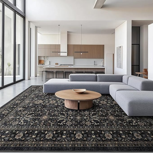 Area Rug Non Slip Machine Washable Ultra Soft Living Room/Bedroom/Kitchen/Outdoor/Classroom Black Grey, 8'×10'