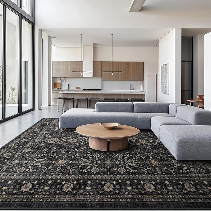 Area Rug Non Slip Machine Washable Ultra Soft Living Room/Bedroom/Kitchen/Outdoor/Classroom Black Grey, 10'×14'