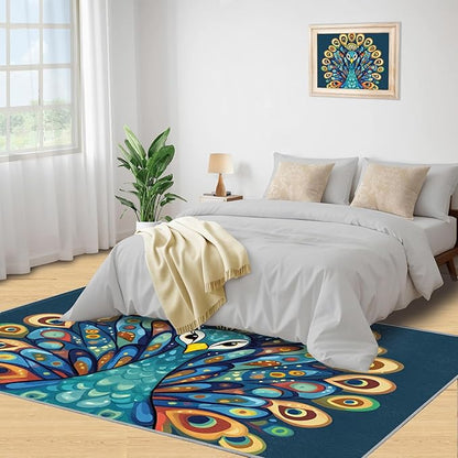 Boho Peacock Rugs for Living Room - 5x8 Rug, Peacock Decor Area Rugs for Bedroom, Teal Turquoise Rug, Modern Style Washable Carpet, Aesthetics Carpet - Peafowl Home Decor & Gifts