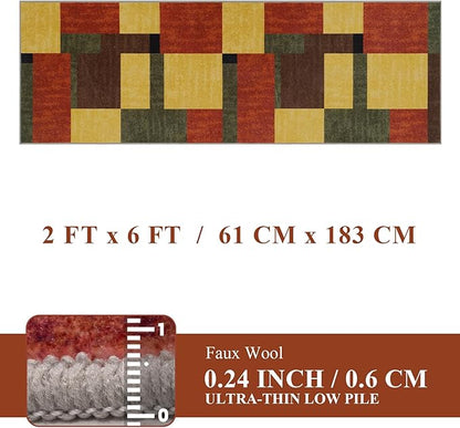 YIHOUSE Red and Green Runner Rug 2x6 for Hallway, Burgundy Farmhouse Vintage Rugs Washable,Burnt Orange Area Rug Non Slip,Geometric Boho Area Rug for Kitchen