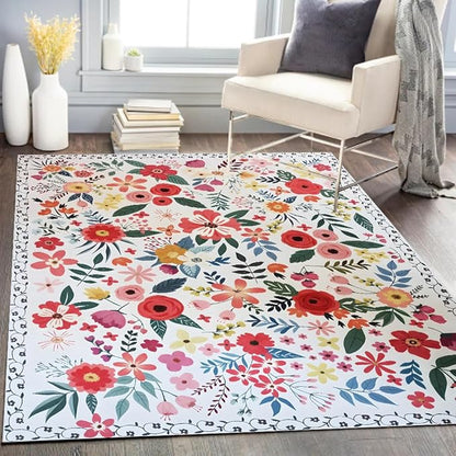 Floral Rug 4x6 Vintage Print Rug Washable Low Pile Living Room Non Slip Carpet for Bedroom, Farmhouse, Dining Room