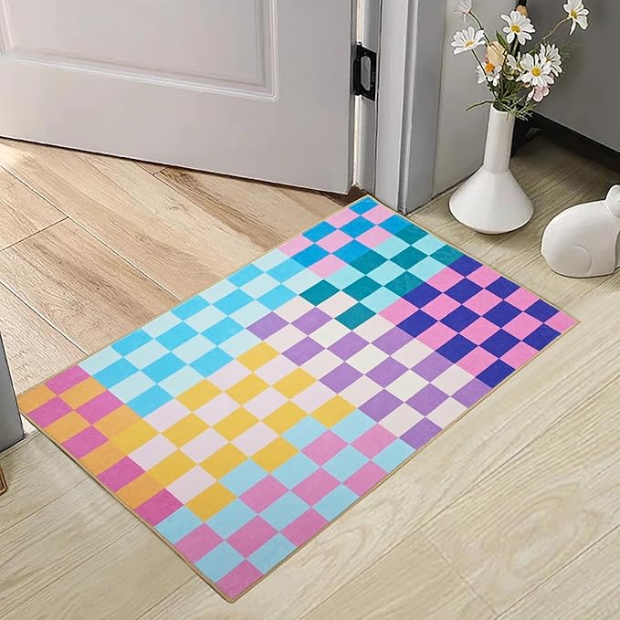 Multicolored Checkered Rug 2x3 Small Modern Aesthetics Washable Non-Slip Checkerboard Rug Indoor Entrance Carpet for Entrance Bedroom Kitchen Bathroom