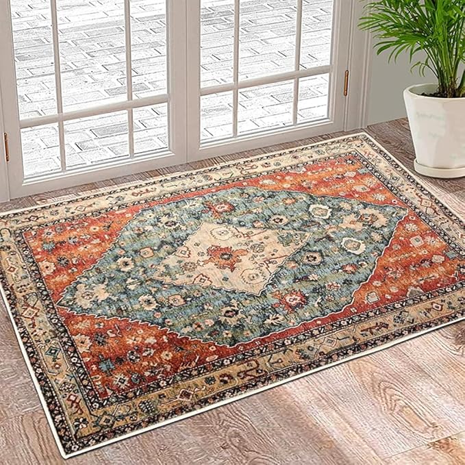 Boho Vintage Oriental Entry Rugs for Entrance Non-Slip Washable Tribal Small Area Rug,Ultra Soft Bohemian Floral Medallion Low-Pile Indoor Front Door Mat for Bedroom Kitchen Bathroom 20" x 32"